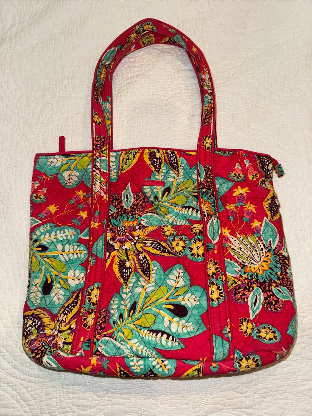 Vera Bradley Pink Floral Quilted Tote Bag Large Zip Top Travel Laptop Purse - Picture 2 of 14